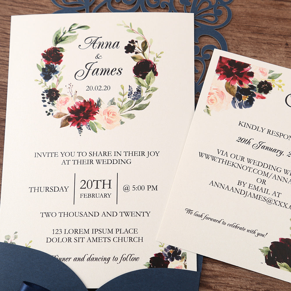 Navy Blue Pearl Pendant Floral Laser cut invitation cards for Wedding Anniversary - DorisHome