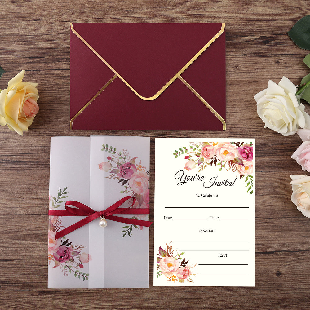 Pocket Burgundy Wedding Invitations Greeting Cards - DorisHome