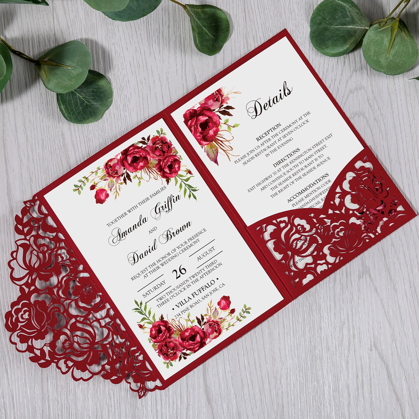 Red Floral Laser cut invitation cards for Wedding - DorisHome