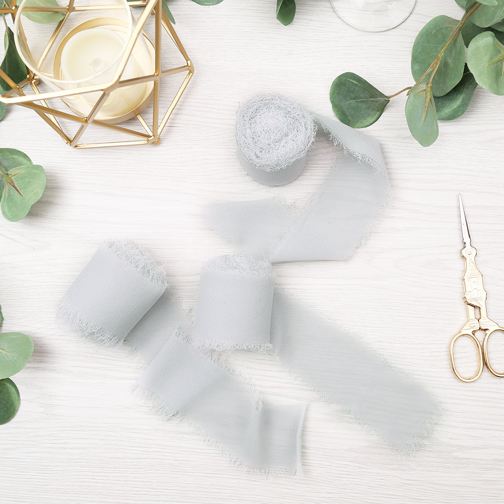 Handmade Fringe Chiffon Silk-Like Ribbon 2" x 7Yd Set of 3 Rolls Ribbons for Wedding Invitations, Bouquets, Gift Wrapping (3 Rolls Light Grey) - DorisHome