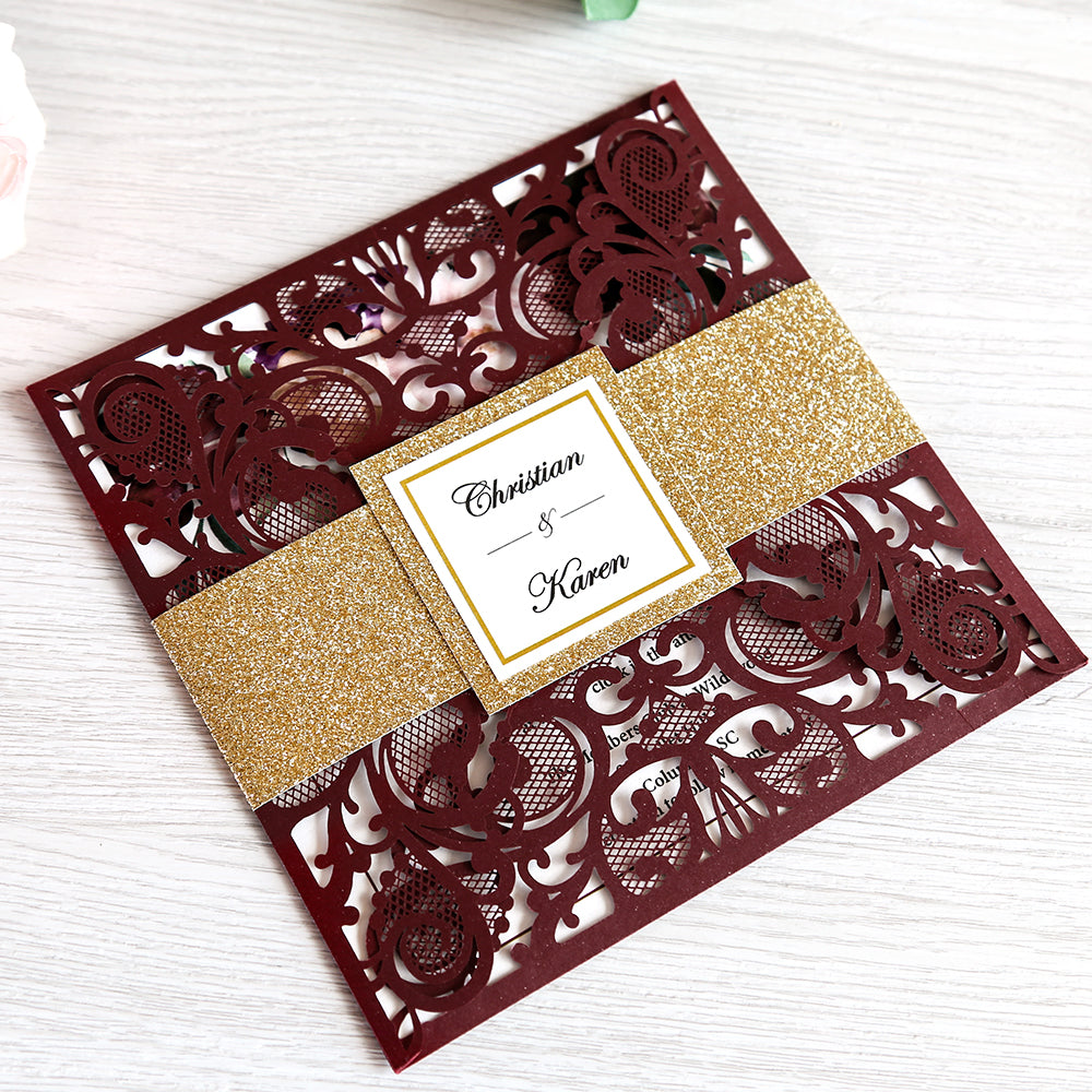 Square Burgundy Wedding Invitations with Gold Glitter Belly Band for Wedding - DorisHome
