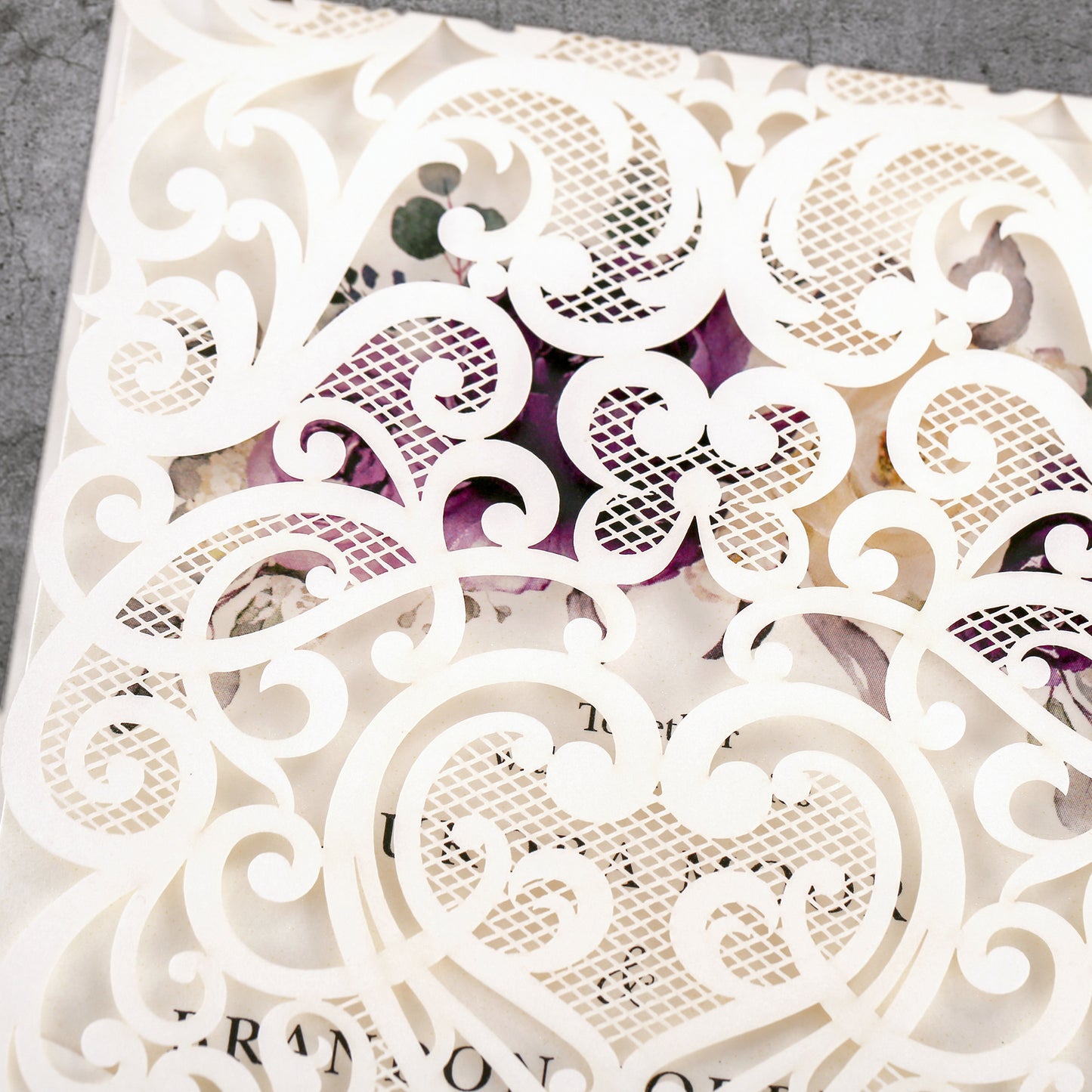 Vertical Purple Floral Laser cut invitations for Wedding Anniversary