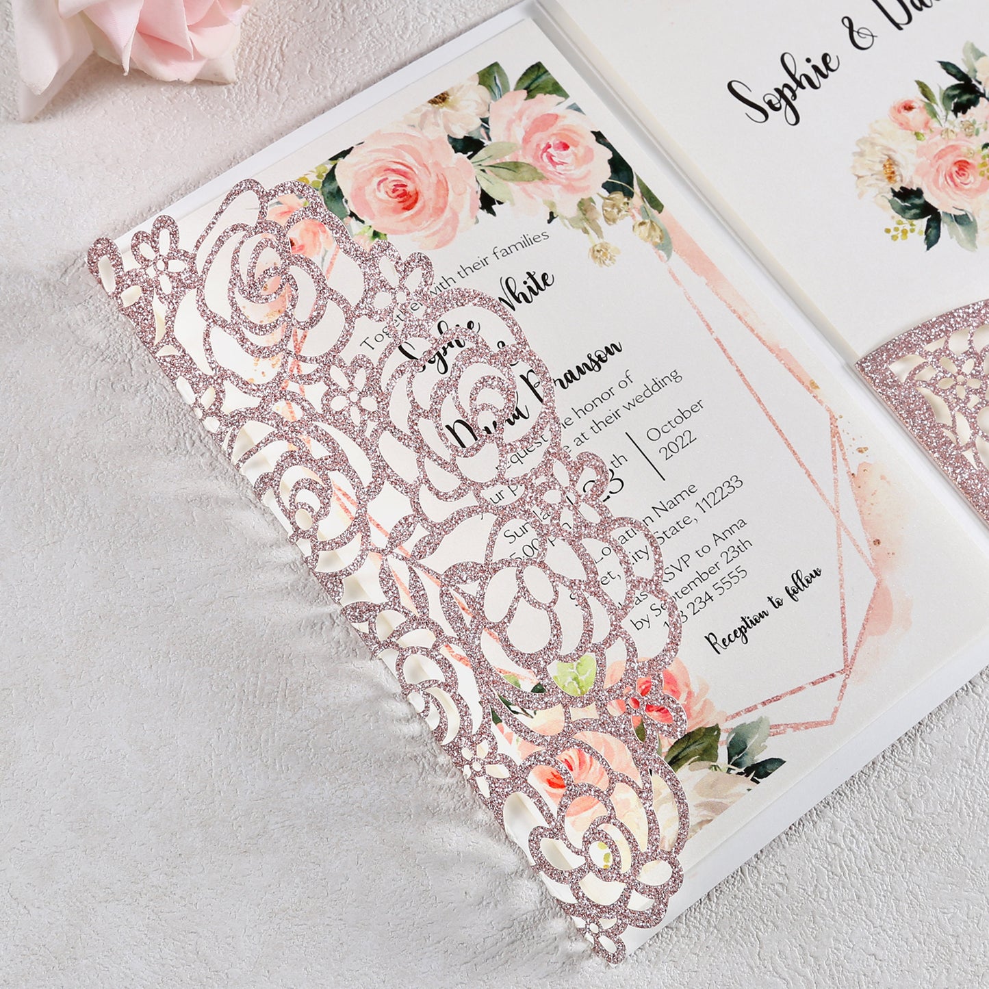 4.7 x7 inch Rose Gold Laser Cut Hollow Rose Wedding Invitations Cards with Glitter Pockets and Envelopes for Wedding Bridal Shower - DorisHome