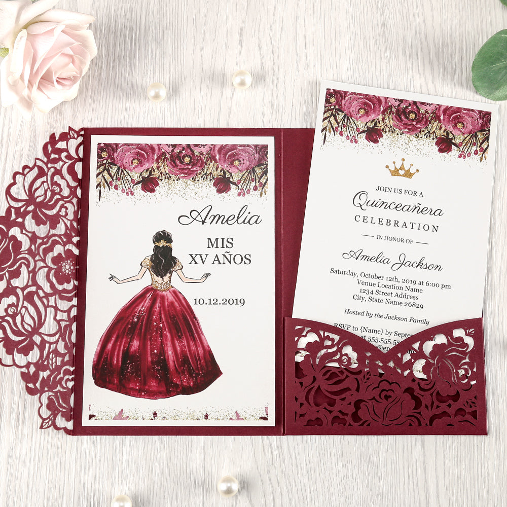 Burgundy Floral Laser cut invitation cards for Quinceanera - DorisHome