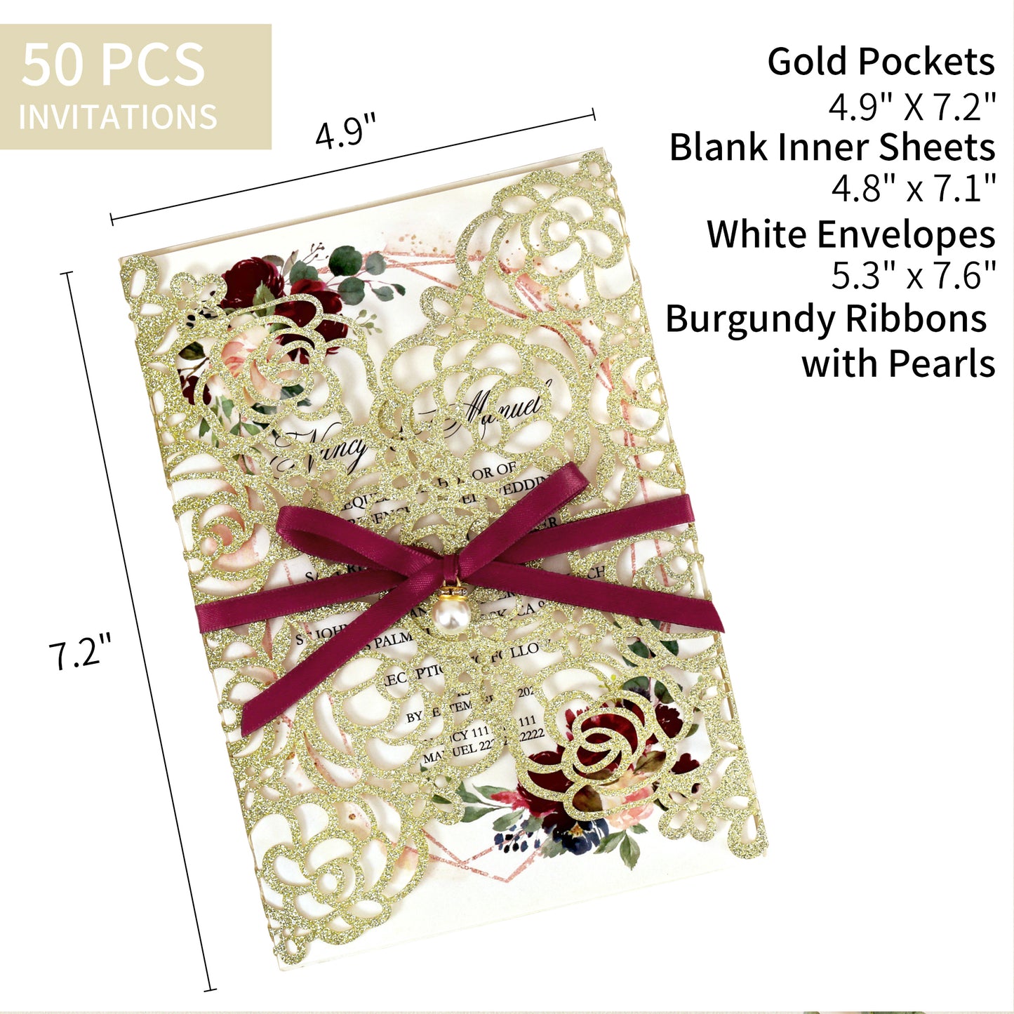 Gold Glitter Floral Laser cut invitation cards with Burgundy Ribbon and Pearl for Wedding Anniversary
