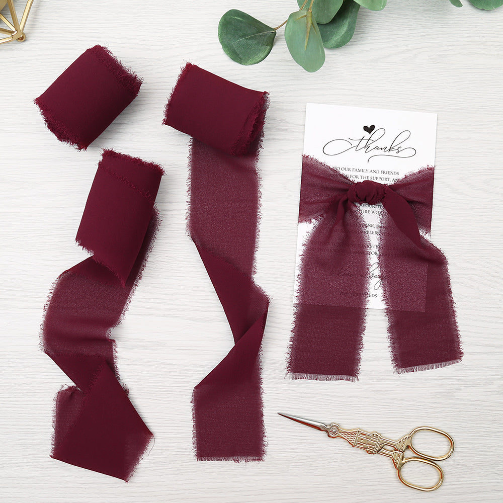Handmade Fringe Chiffon Silk-Like Ribbon 2" x 7Yd Set of 3 Rolls Ribbons for Wedding Invitations, Bouquets, Gift Wrapping (3 Rolls Burgundy) - DorisHome