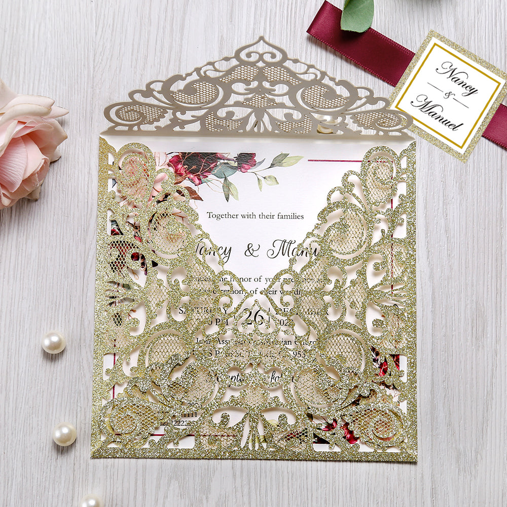 Square Glitter Gold Wedding Invitations with Burgundy Ribbon Belly Band for Wedding - DorisHome