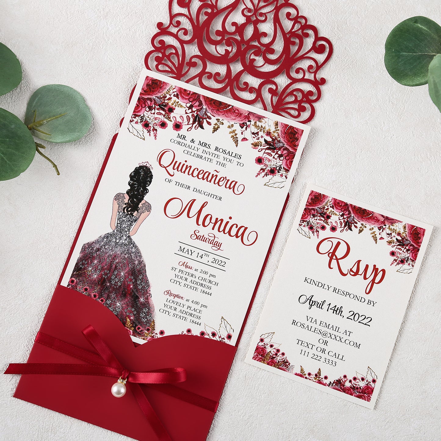 Red Floral Laser cut invitation cards with ribbon belly band and pearl for Quinceanera - DorisHome