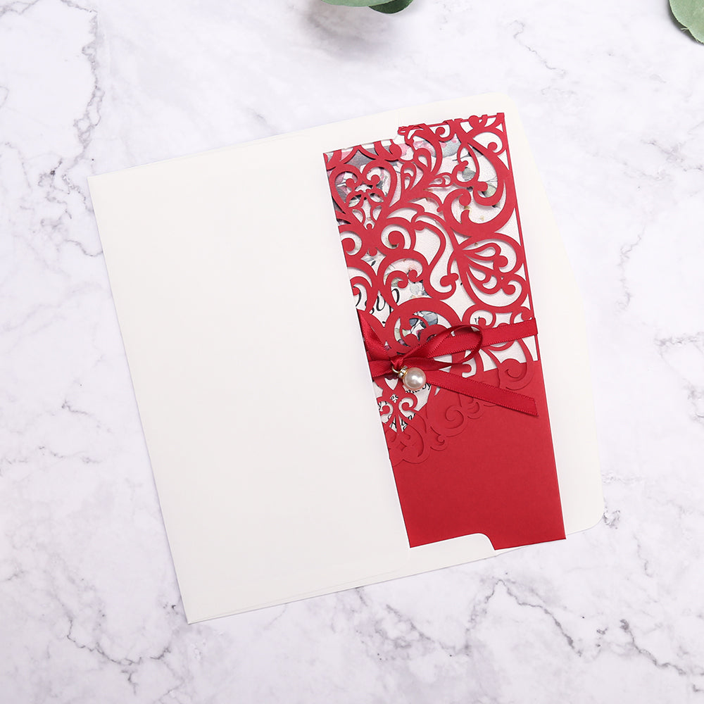 DreamBuilt Red Floral Laser cut invitation cards with ribbon belly band and pearl for Wedding
