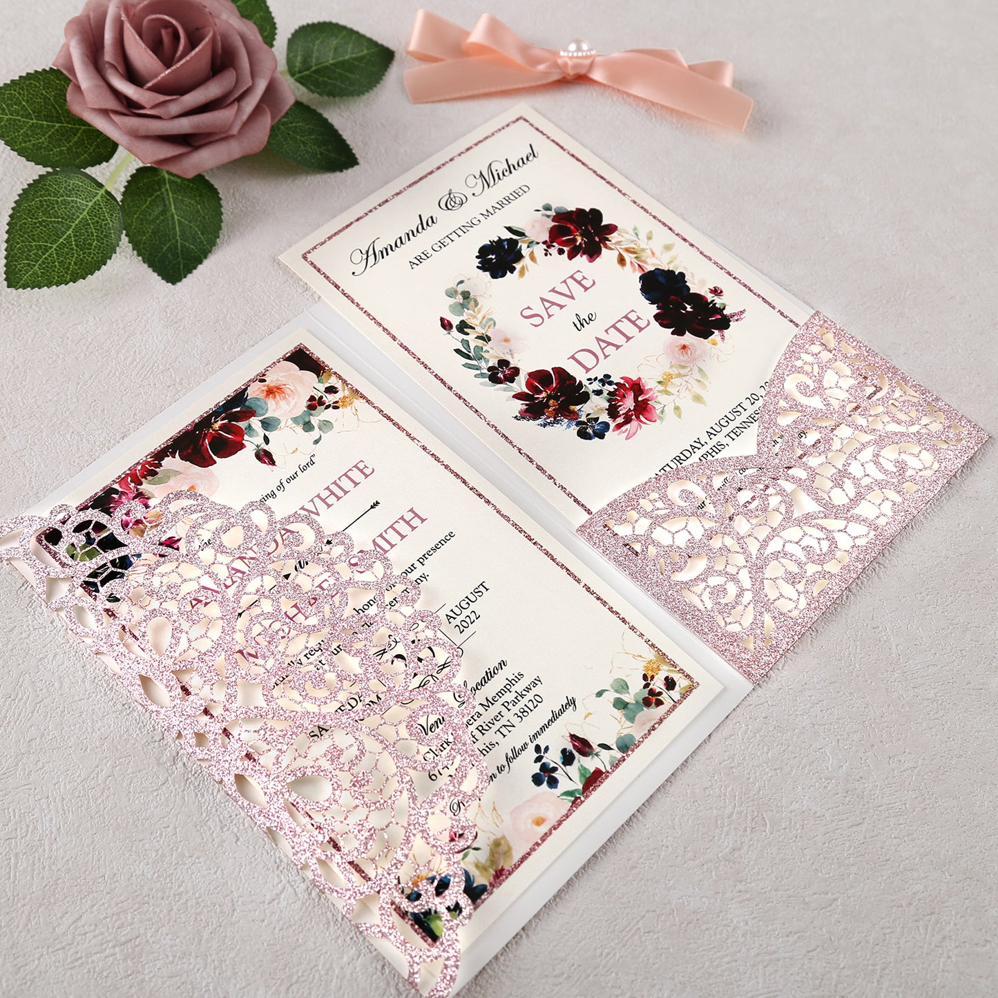 4.7 x7 inch Rose Gold Glitter Laser Cut Hollow Rose Wedding Invitations Cards with Envelopes for Wedding Party