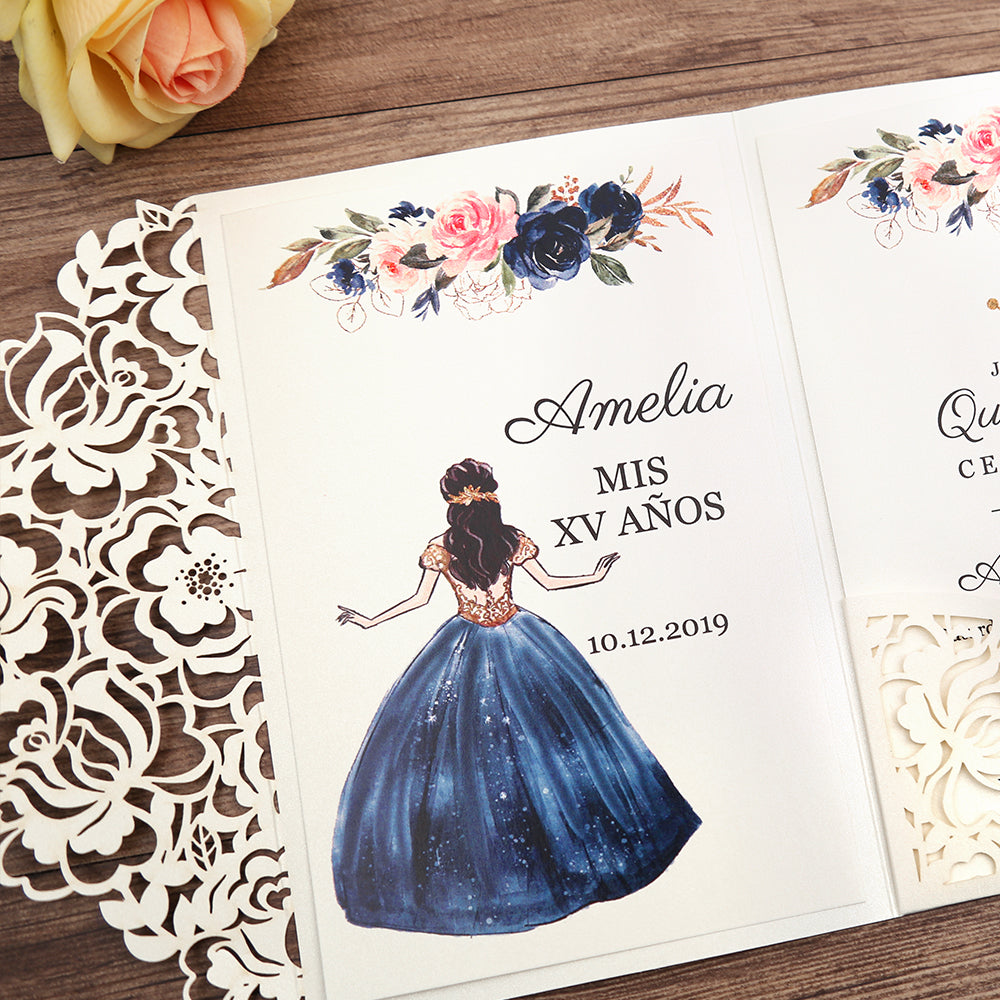 White Floral Laser cut invitation cards for Quinceanera - DorisHome