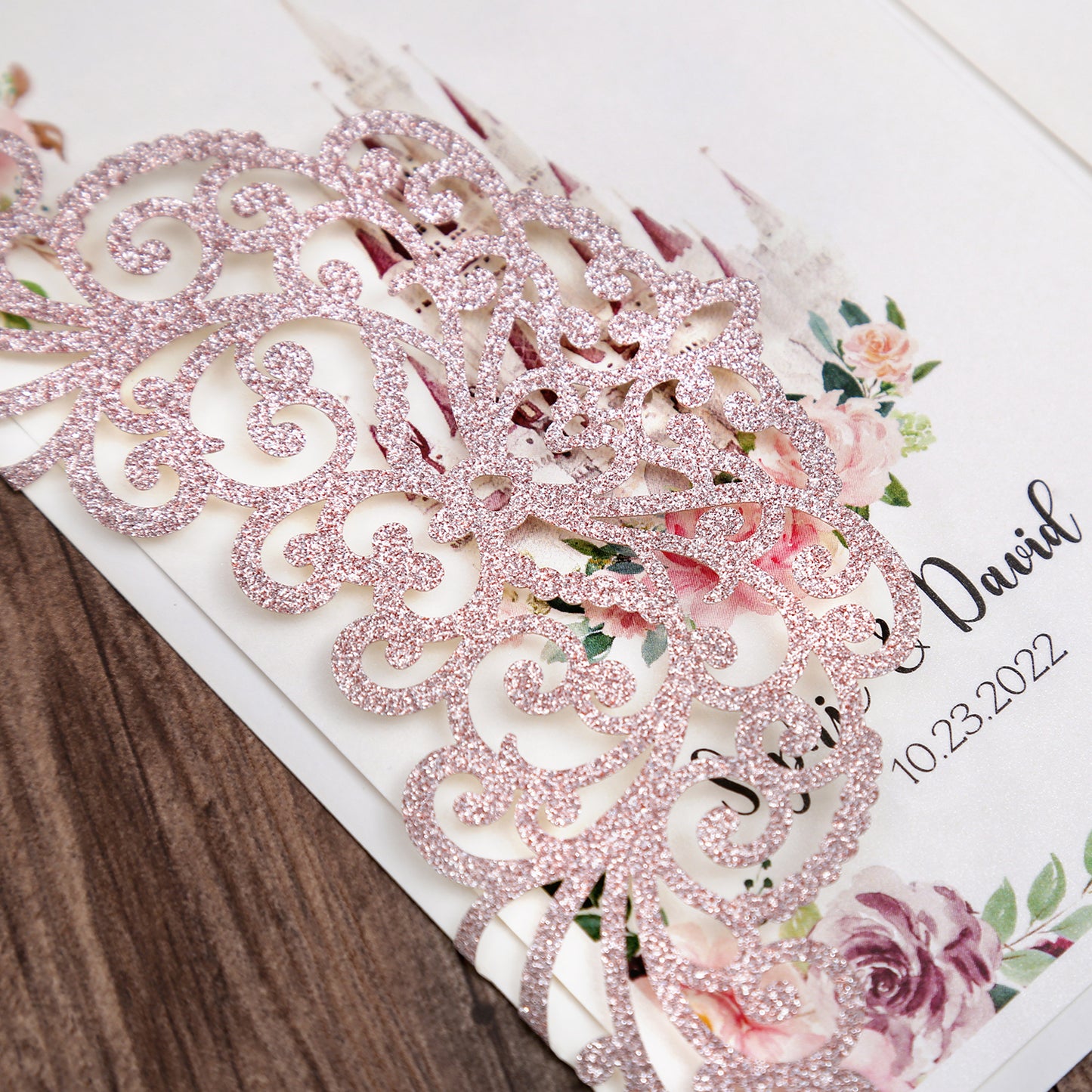 DreamBuilt 4.7 x7 inch Rose Gold Glitter Laser Cut Wedding Invitations With Envelopes Kit Hollow Rose Pocket And Burgundy Ribbon Belly Band for Wedding Bridal Shower Engagement Invite