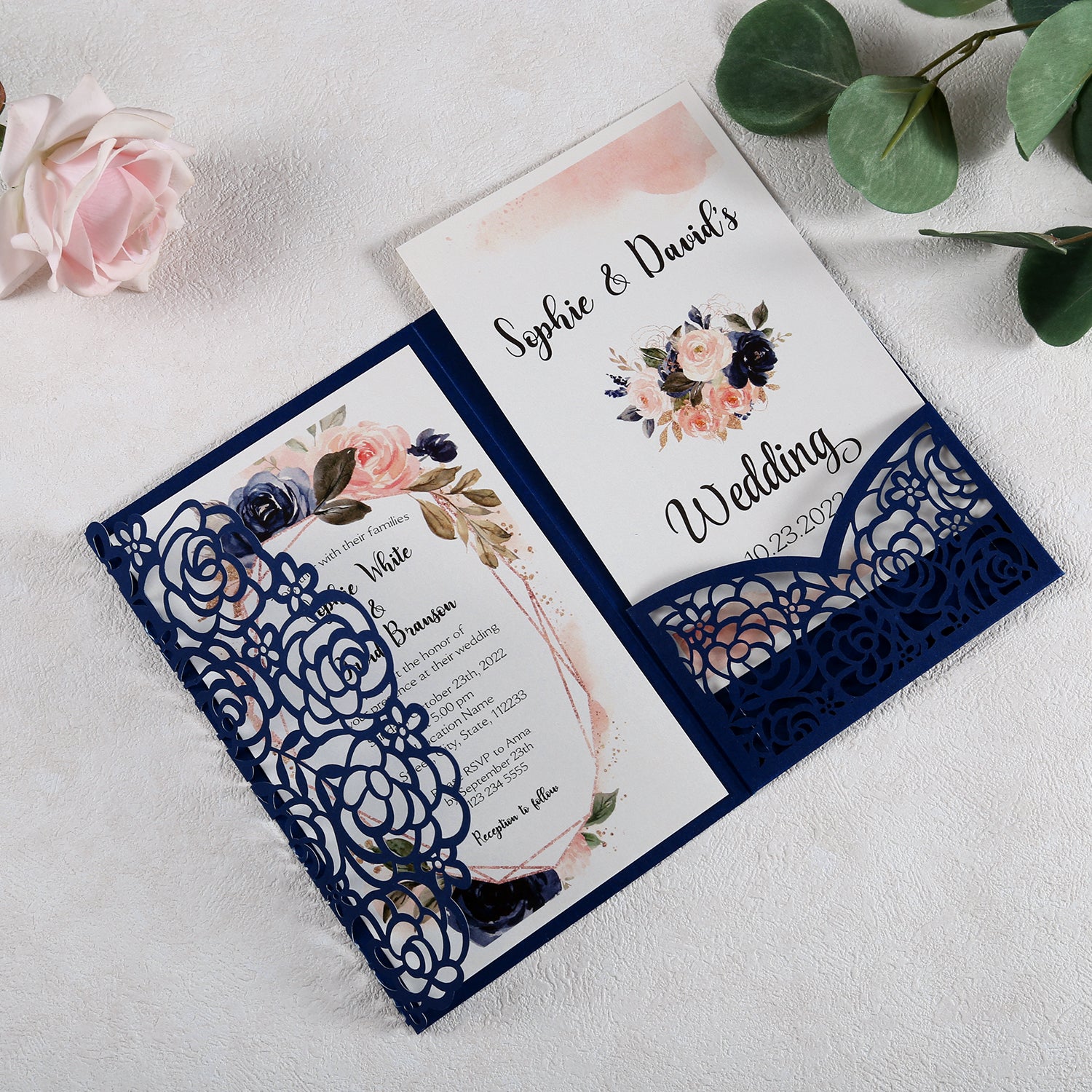 4.7 x7 inch Blue Laser Cut Hollow Rose Wedding Invitations Cards with Pearlized Pockets and Envelopes for Wedding Bridal Shower - DorisHome
