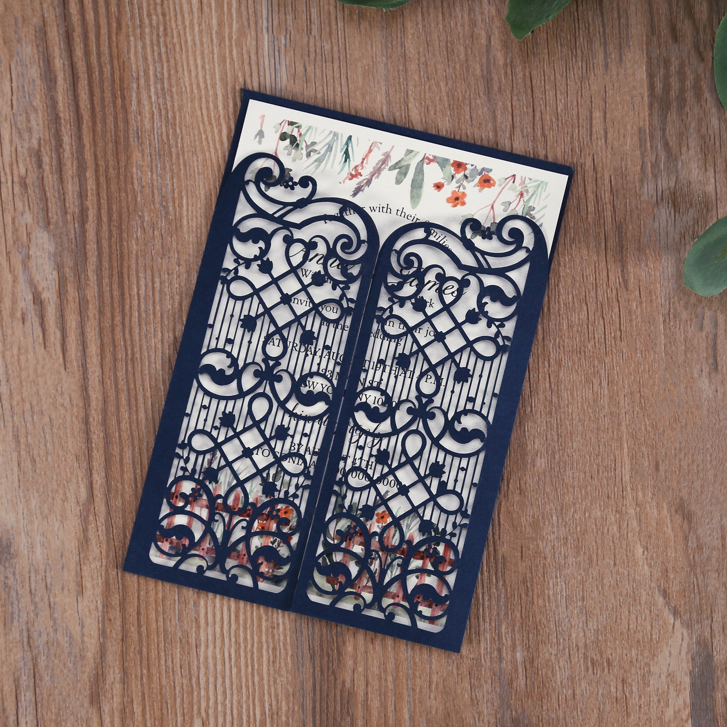 Vertical Navy Blue Elegant Wedding Invitation With Laser Cut Flower, CW5102