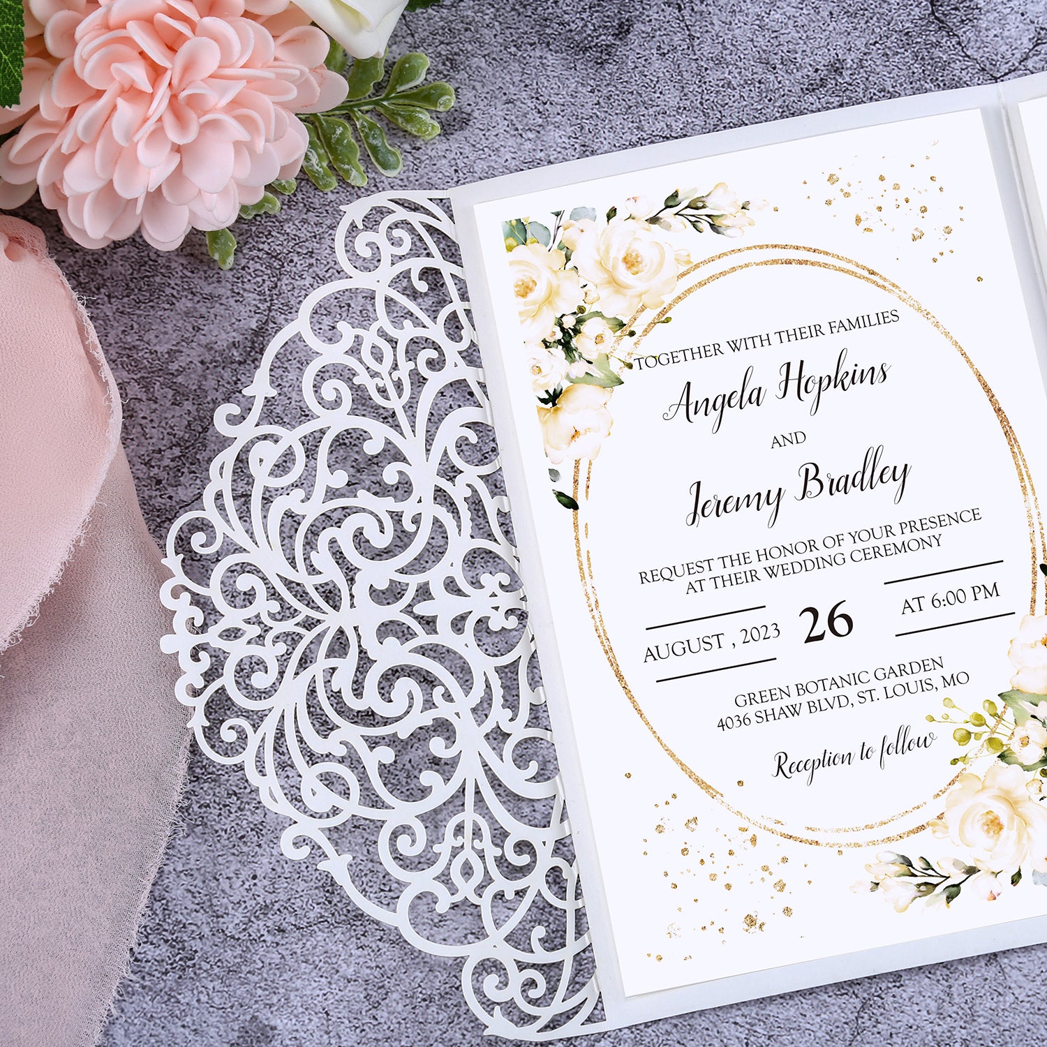 4.7 x7 inch Gold Glitter Laser Cut Hollow Rose Wedding Invitations Cards with Glitter Pockets and Envelopes for Wedding Party - DorisHome