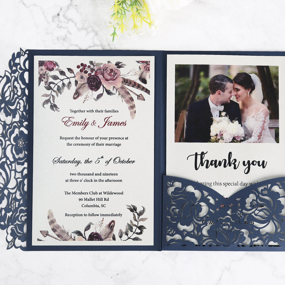 Blue Floral Laser cut invitation cards for Wedding, Anniversary - DorisHome