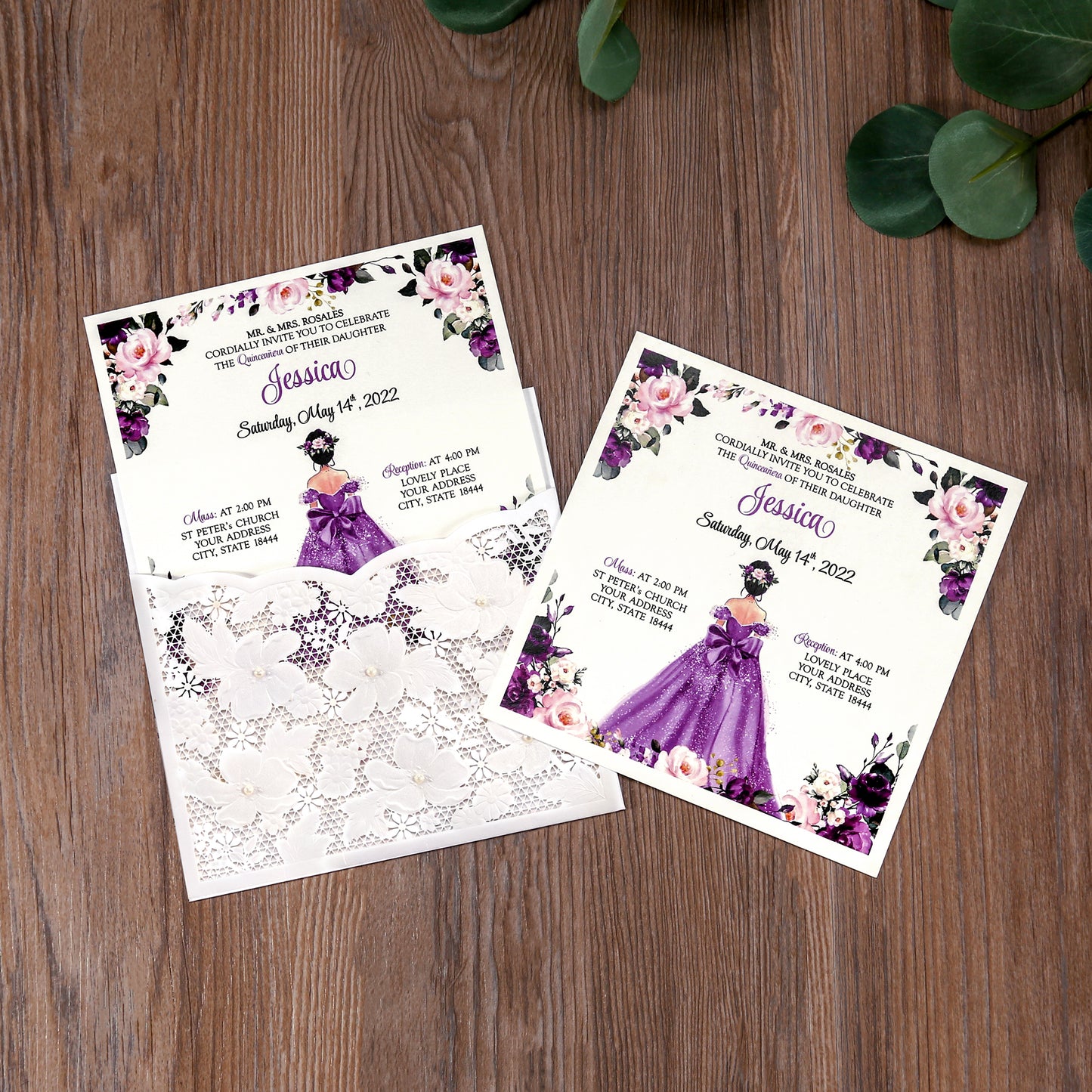 Ivory White Small Pearl Lace Invitations with Purple Design for Quinceanera