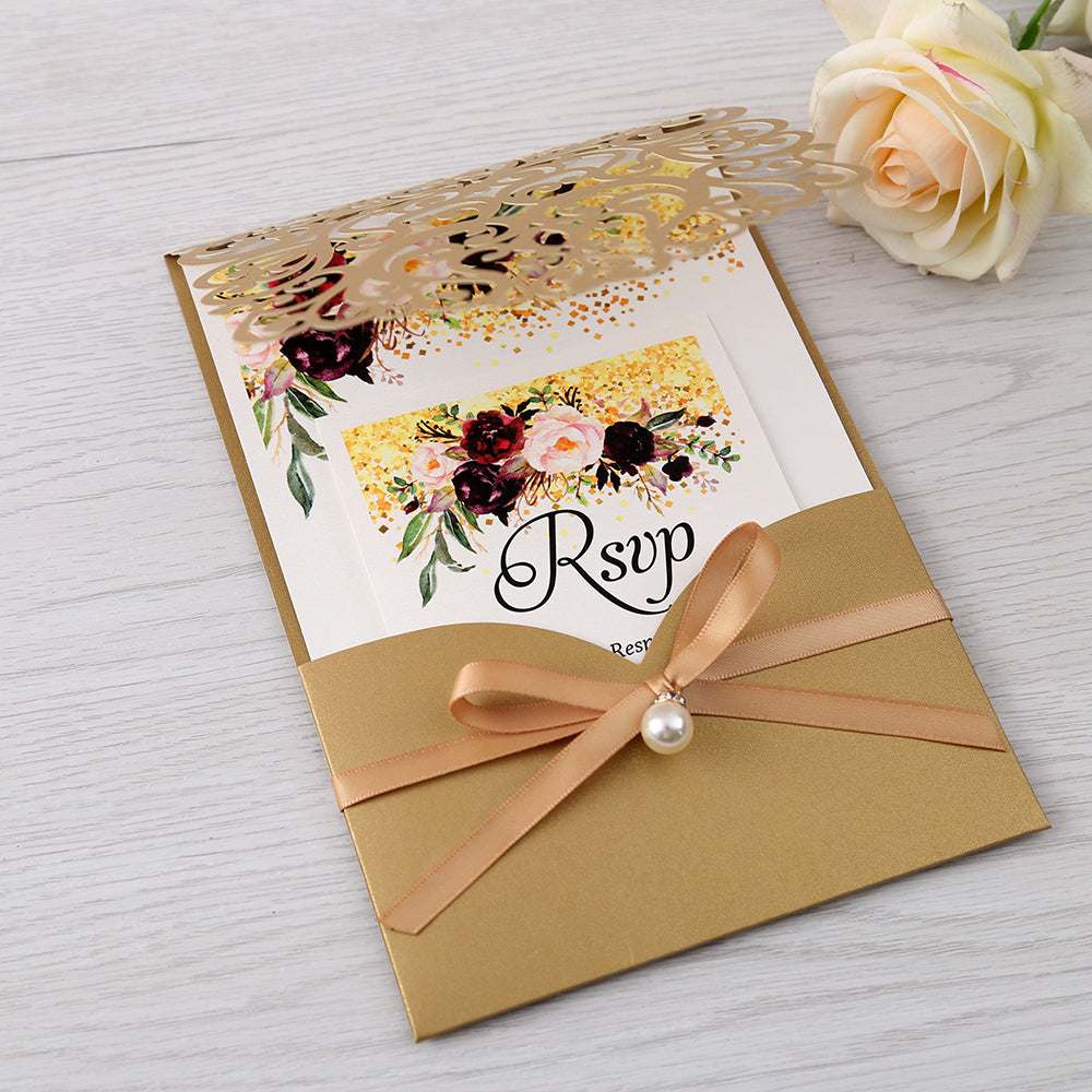 Gold Floral Laser Cut Invitation Card With Belly Band And Pearl For Wedding Anniversary - DorisHome