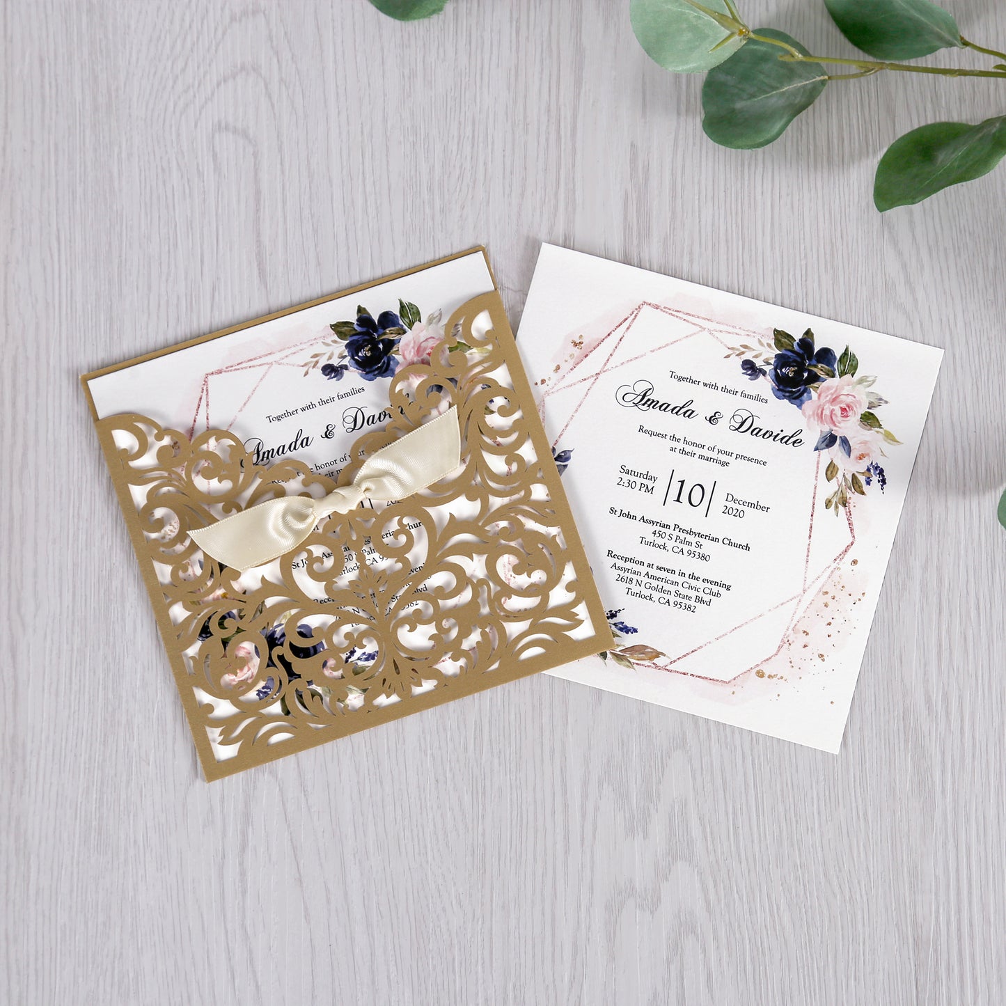 Gold Laser Cut Beige Ribbon Wedding Invitation