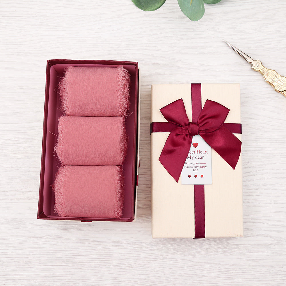 Handmade Fringe Chiffon Silk-Like Ribbon 2" x 7Yd Set of 3 Rolls Ribbons for Wedding Invitations, Bouquets, Gift Wrapping (3 Rolls Dusty Rose) - DorisHome