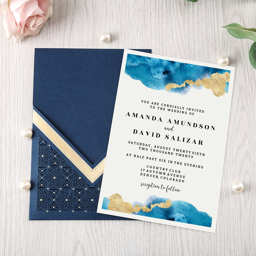 Blue Floral Laser cut invitation cards for Wedding, Anniversary - DorisHome