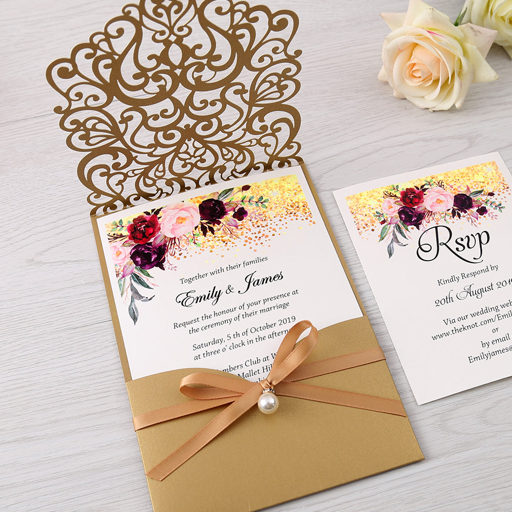 Gold Floral Laser Cut Invitation Card With Belly Band And Pearl For Wedding Anniversary - DorisHome