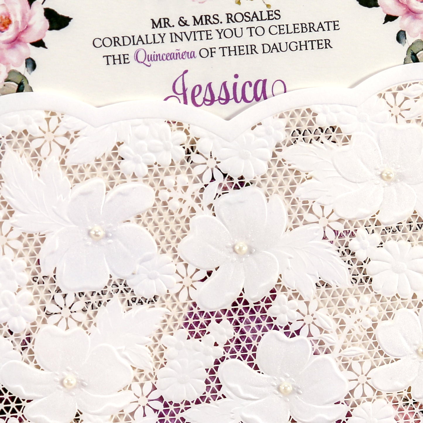 Ivory White Small Pearl Lace Invitations with Purple Design for Quinceanera