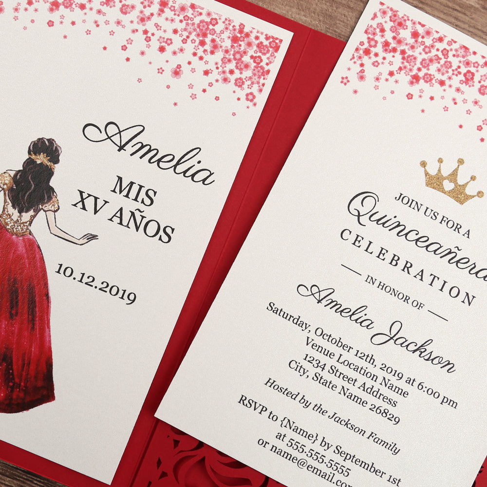 Red Floral Laser cut invitation cards for Quinceanera - DorisHome