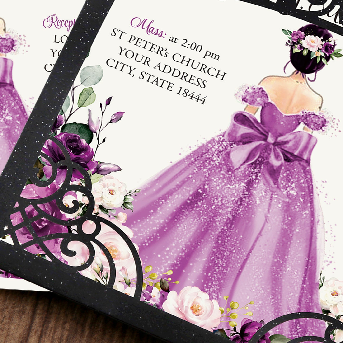 Pearlized Black Invitations Purple Greeting Cards For Quinceanera