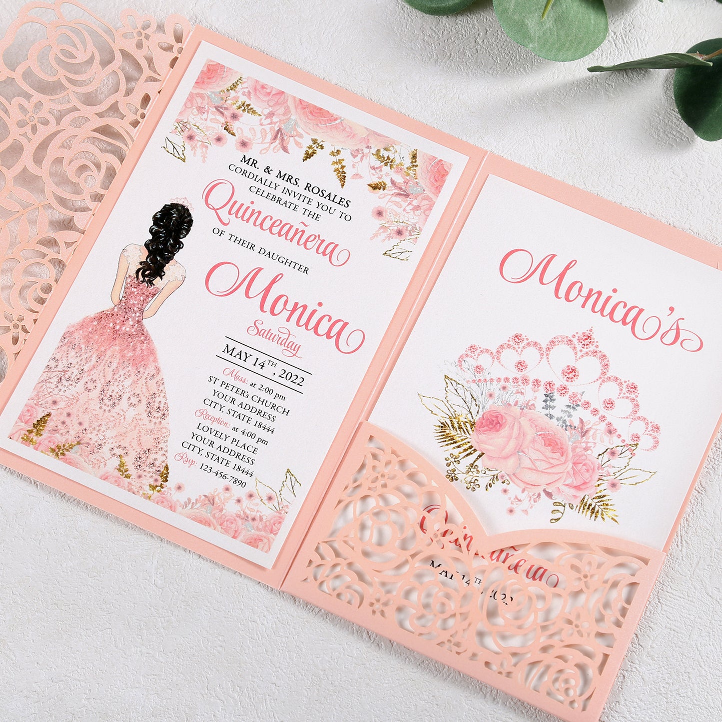 4.7 x7 inch Pink Laser Cut Hollow Rose Wedding Invitations Cards with Pearlized Pockets and Envelopes for Wedding Bridal Shower - DorisHome
