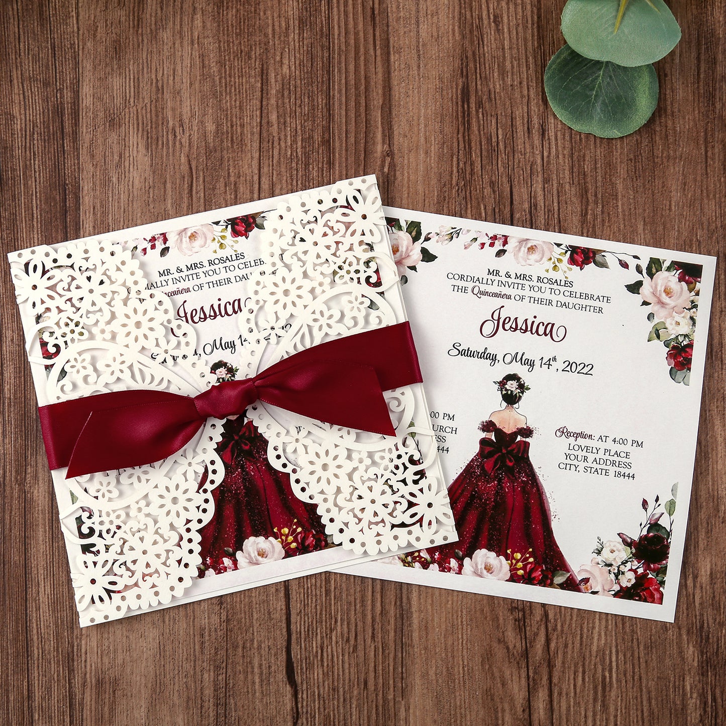 Square Invitations Cards With Burgundy Ribbon For Quinceanera - DorisHome