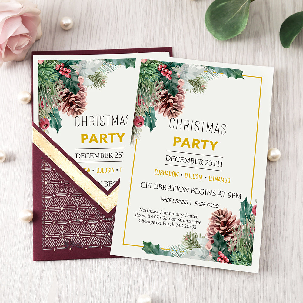 Burgundy Floral Laser cut invitation cards for Wedding, Anniversary, Quinceanera - DorisHome