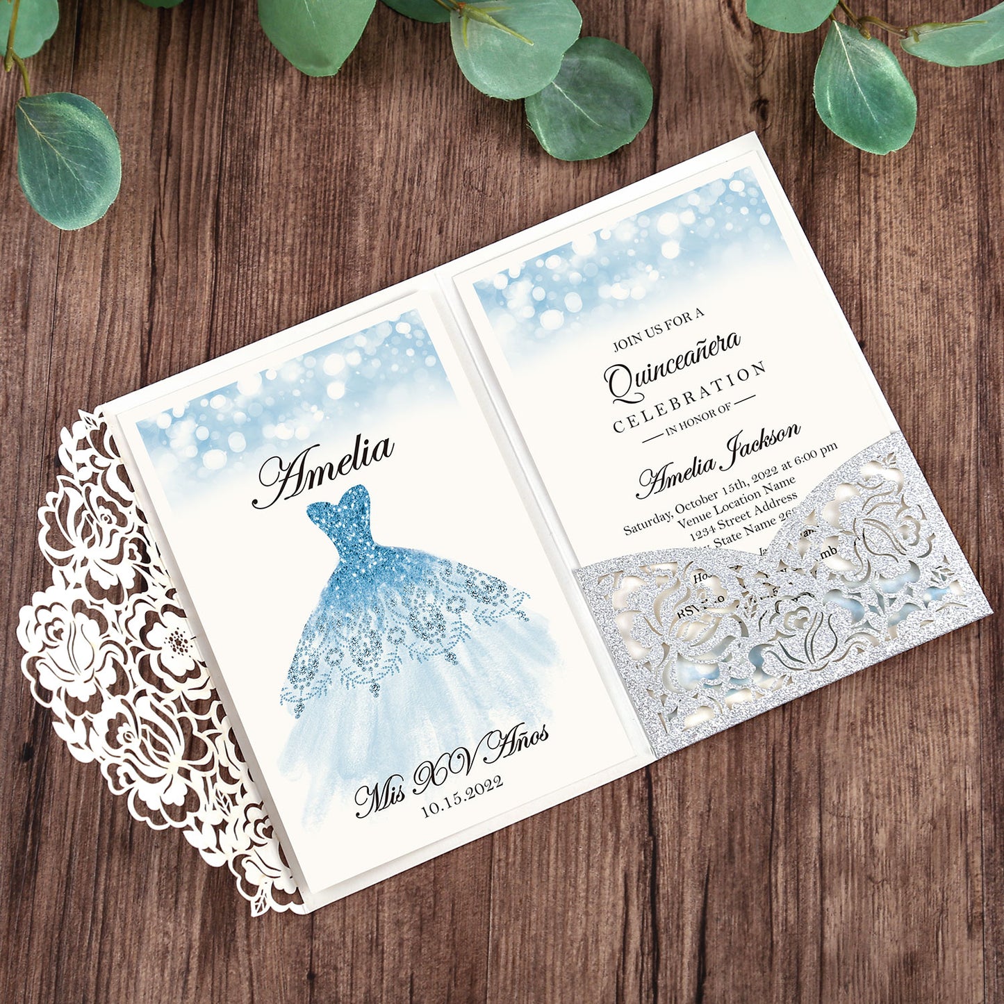 Glitter Silver Floral Laser cut invitation cards for Quinceanera