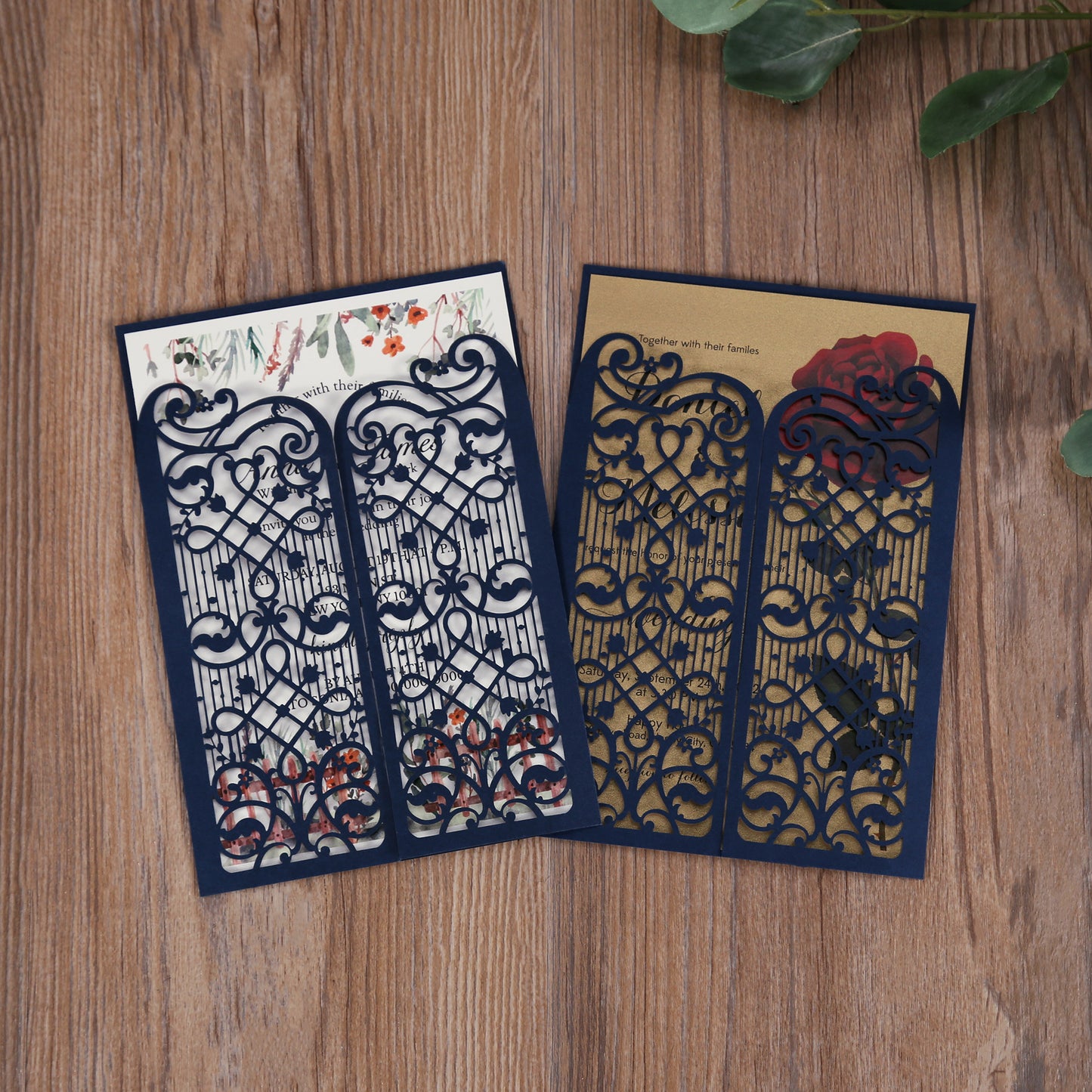 Vertical Navy Blue Elegant Wedding Invitation With Laser Cut Flower, CW5102