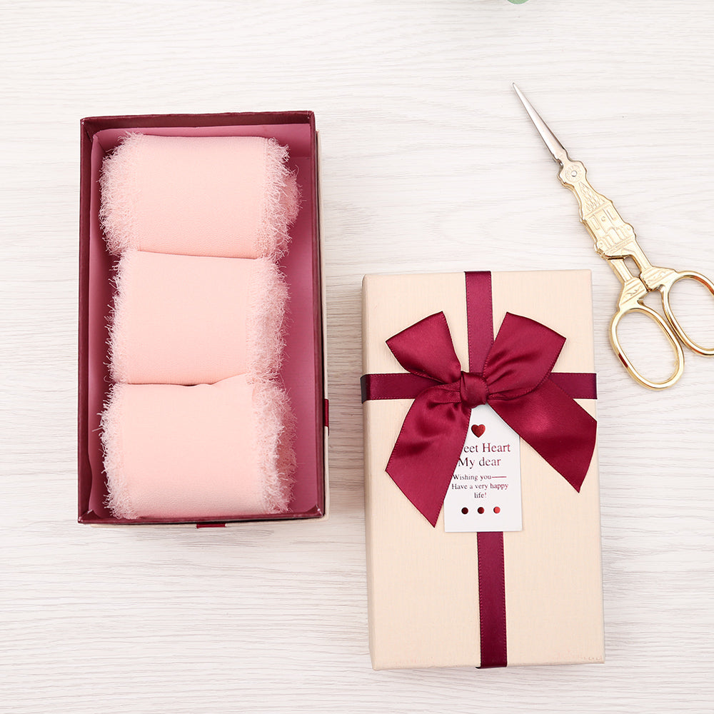 Handmade Fringe Chiffon Silk-Like Ribbon 2" x 7Yd Set of 3 Rolls Ribbons for Wedding Invitations, Bouquets, Gift Wrapping (3 Rolls Pink) - DorisHome