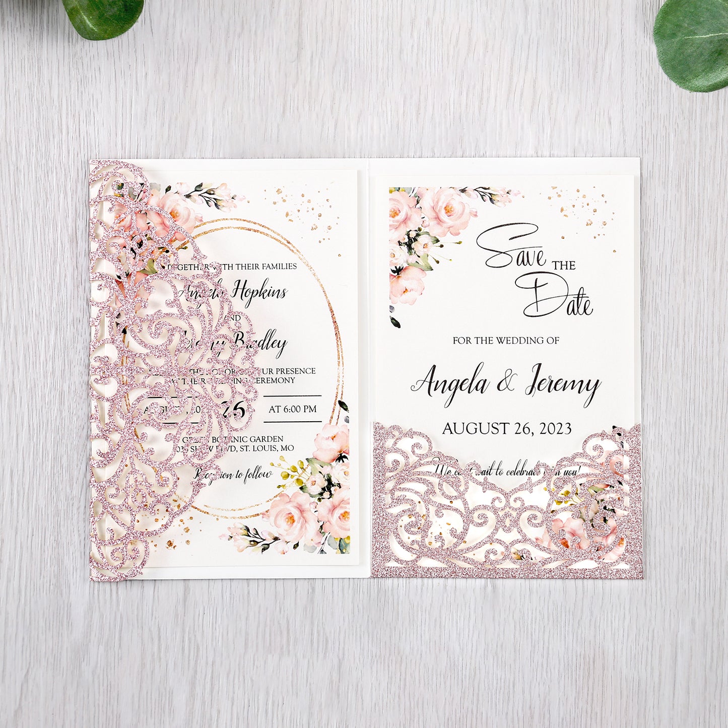 4.7 x7 inch Rose Gold Glitter Laser Cut Hollow Rose Wedding Invitations Cards with Glitter Pockets and Envelopes for Wedding Party - DorisHome