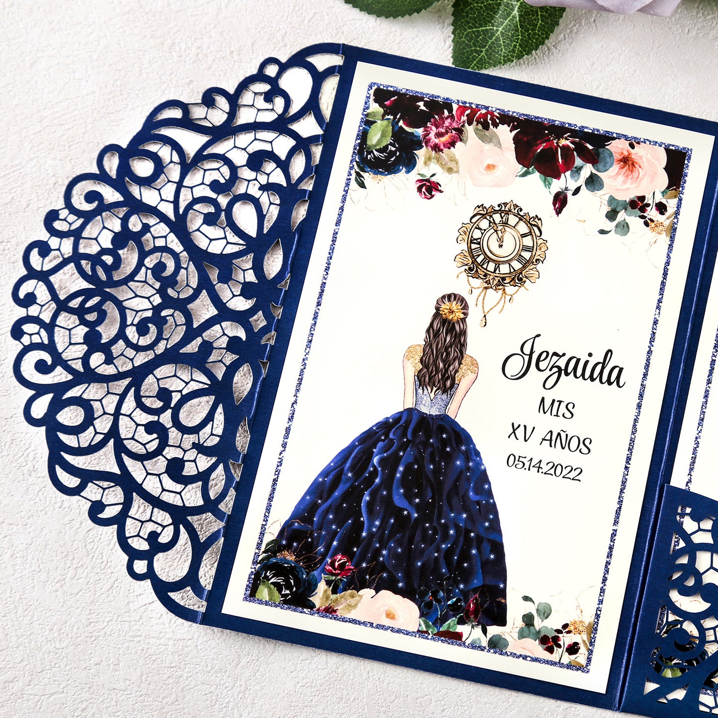 4.7 x7 inch Blue Laser Cut Hollow Rose Quinceanera Invitations Cards with Envelopes for Quinceanera Party