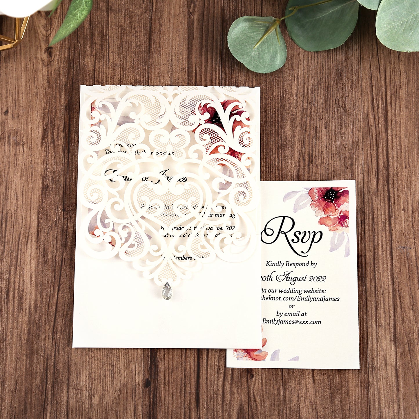 Vertical Ivory White Wedding Invitation With Rhinestone & Laser Cut Flower