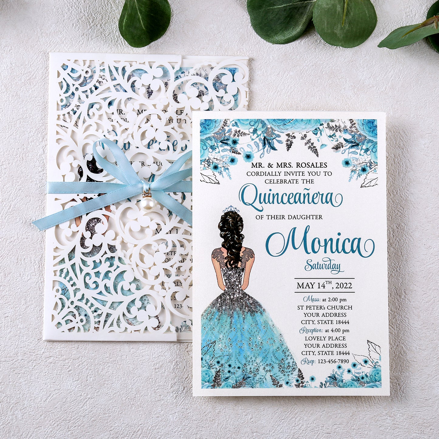 5 X 7.2" Laser Cut Hollow Rose Wedding invitations Cards With Blue Ribbon And Envelopes For Quinceanera Sweet 15 Invite - DorisHome