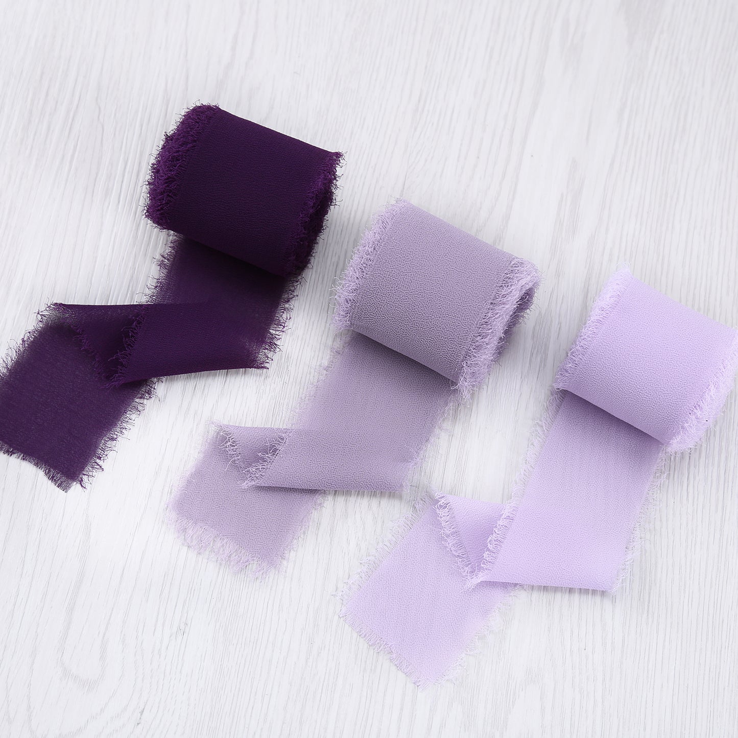 Handmade Fringe Chiffon Silk-Like Ribbon 2" x 7Yd Set of 3 Rolls Ribbons for Wedding Invitations, Bouquets, Gift Wrapping (3 Rolls Plum/Pastel Purple/Lavender)
