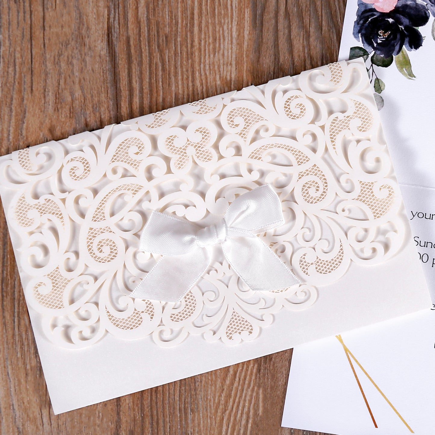 Ivory White Laser Cut Flower with Bowknot Wedding Invitations,Invitations