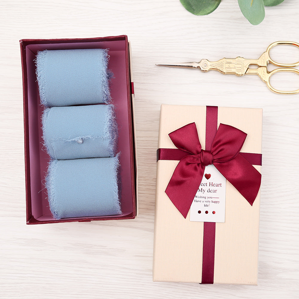 Handmade Fringe Chiffon Silk-Like Ribbon 2" x 7Yd Set of 3 Rolls Ribbons for Wedding Invitations, Bouquets, Gift Wrapping (3 Rolls Dusty Blue) - DorisHome