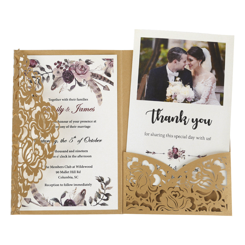 Gold Floral Laser cut invitation cards for Wedding, Anniversary - DorisHome