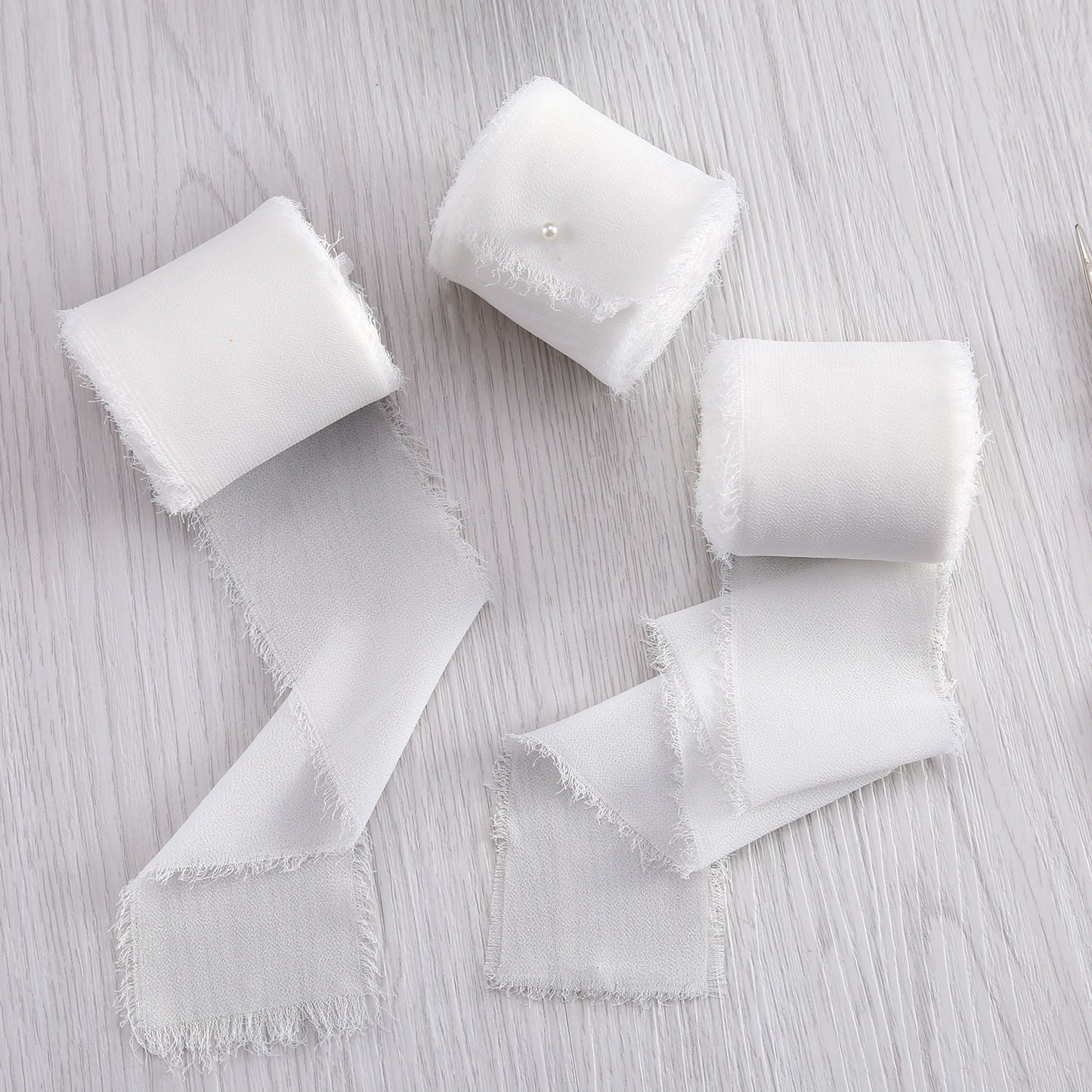 Handmade Fringe Chiffon Silk-Like Ribbon 2" x 7Yd Set of 3 Rolls Ribbons for Wedding Invitations, Bouquets, Gift Wrapping (3 Rolls Ivory)