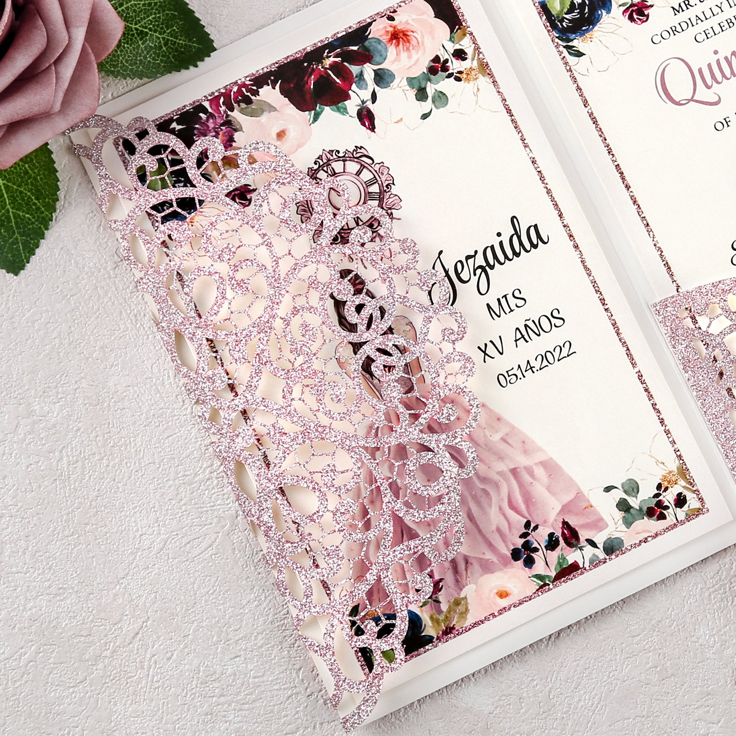 4.7 x7 inch Rose Gold Glitter Laser Cut Hollow Rose Quinceanera Invitations Cards with Envelopes for Quinceanera Party