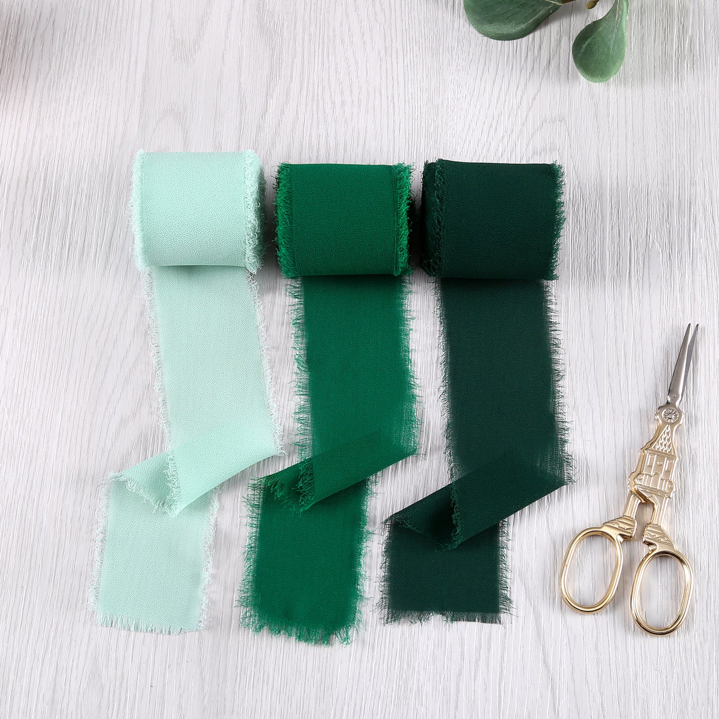 Handmade Fringe Chiffon Silk-Like Ribbon 2" x 7Yd Set of 3 Rolls Ribbons for Wedding Invitations, Bouquets, Gift Wrapping (3 Rolls Dark Green/Forest Green/Mint Green)