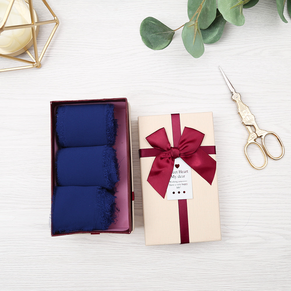 Handmade Fringe Chiffon Silk-Like Ribbon 2" x 7Yd Set of 3 Rolls Ribbons for Wedding Invitations, Bouquets, Gift Wrapping (3 Rolls Navy Blue) - DorisHome