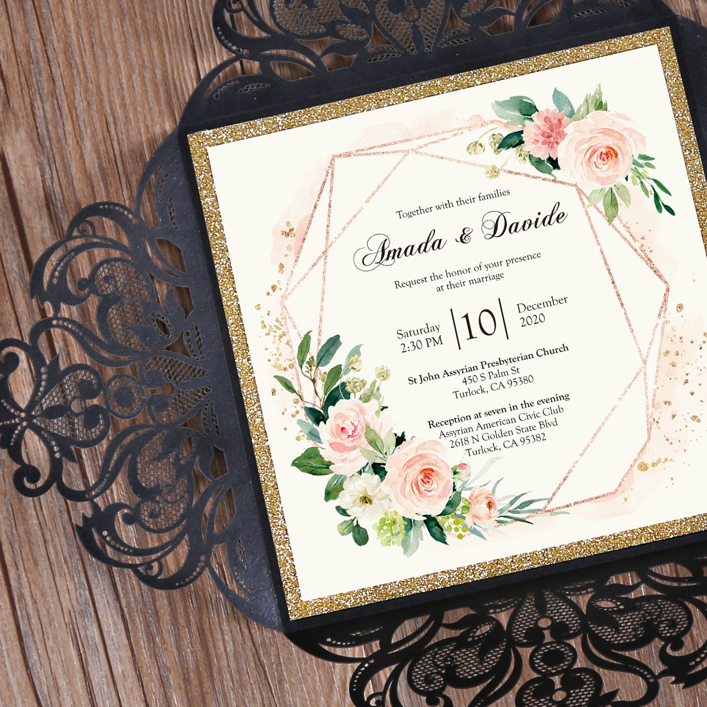 Square Black Laser Cut Lace Flower Invitations Cards
