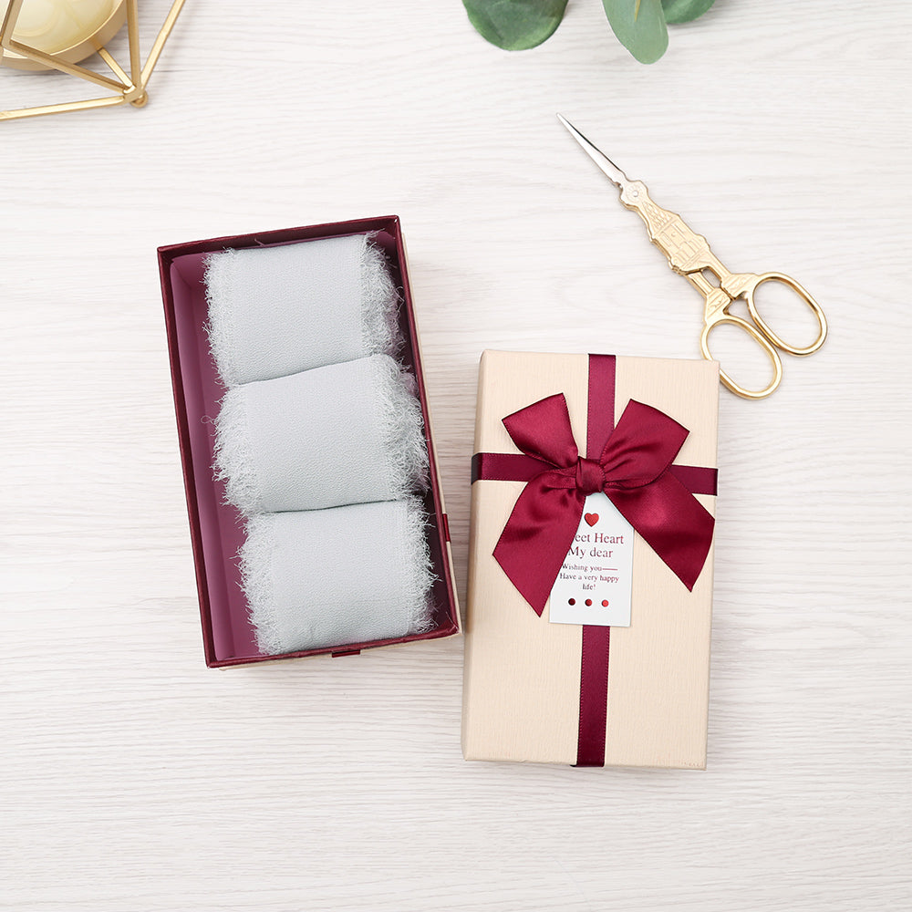 Handmade Fringe Chiffon Silk-Like Ribbon 2" x 7Yd Set of 3 Rolls Ribbons for Wedding Invitations, Bouquets, Gift Wrapping (3 Rolls Light Grey) - DorisHome