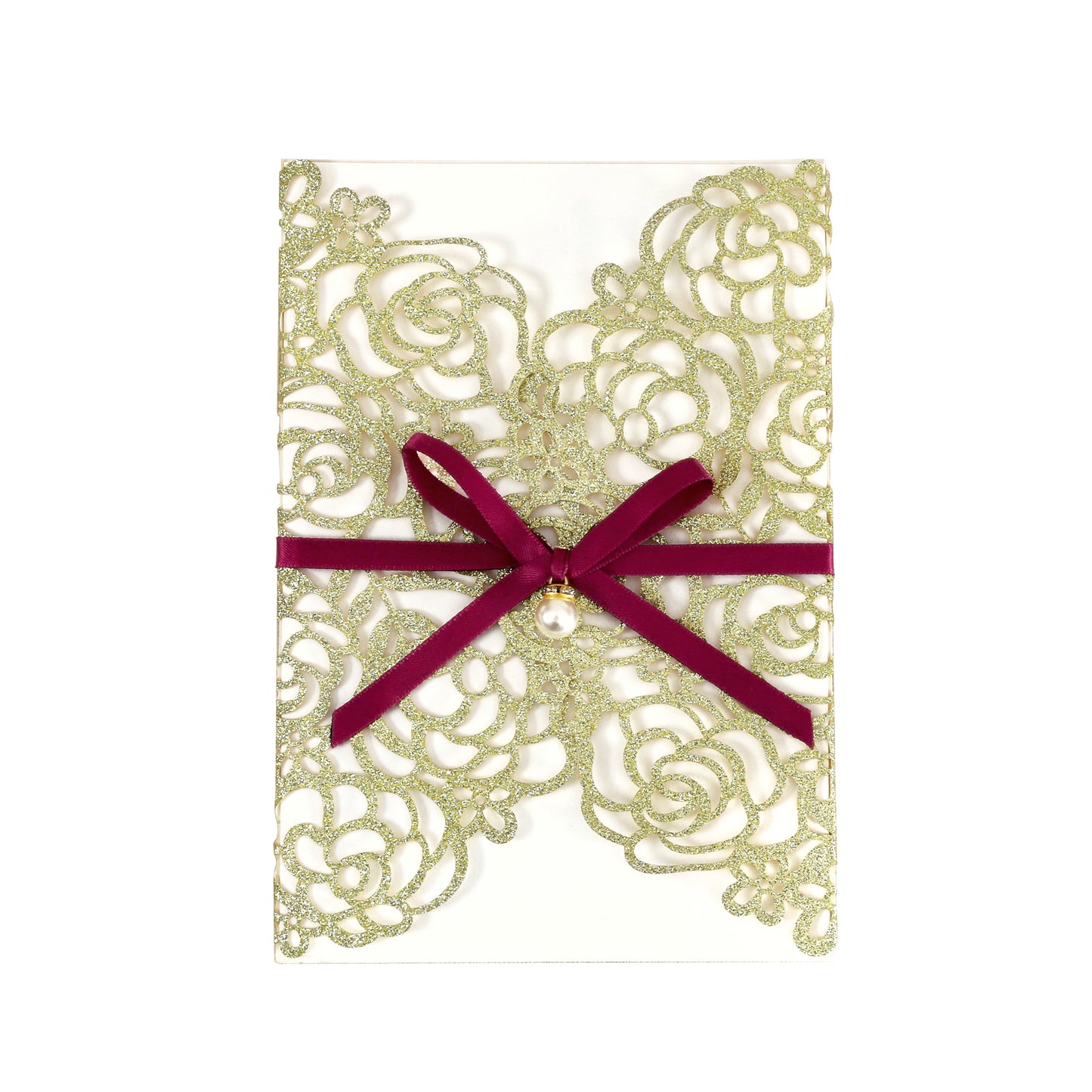 Gold Glitter Floral Laser cut invitation cards with Burgundy Ribbon and Pearl for Wedding Anniversary